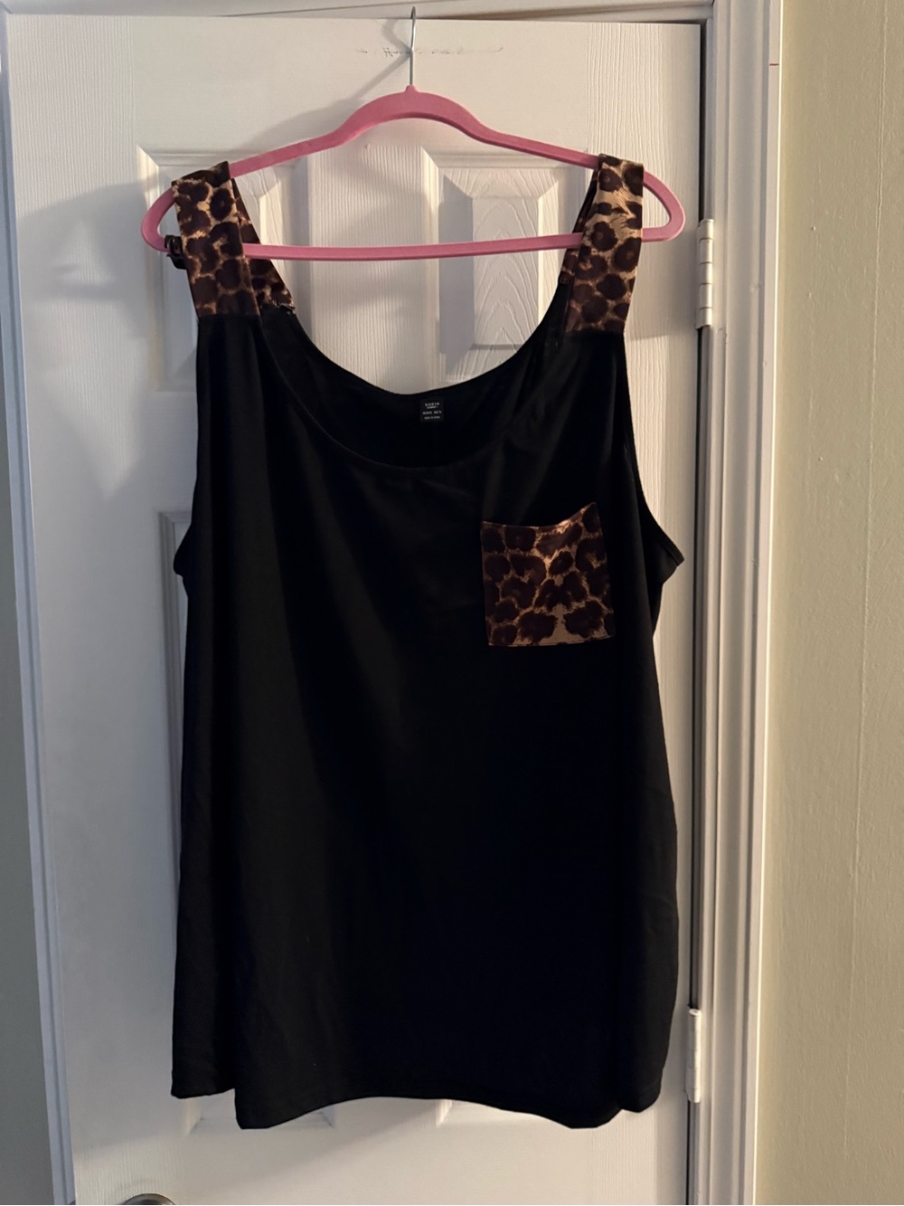 SHEIN Black Tank Top with Leopard Accent Straps and Pocket